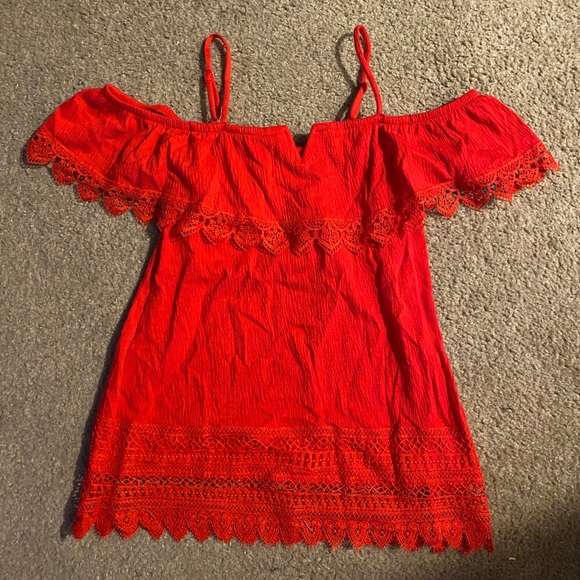 Red off the shoulder top with lace trim - Picture 1 of 2